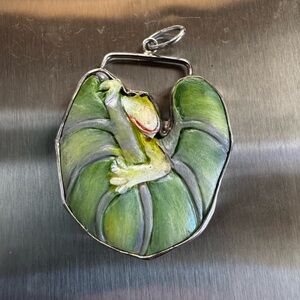 Adorable polymer clay and sterling frog and lily pad pendant